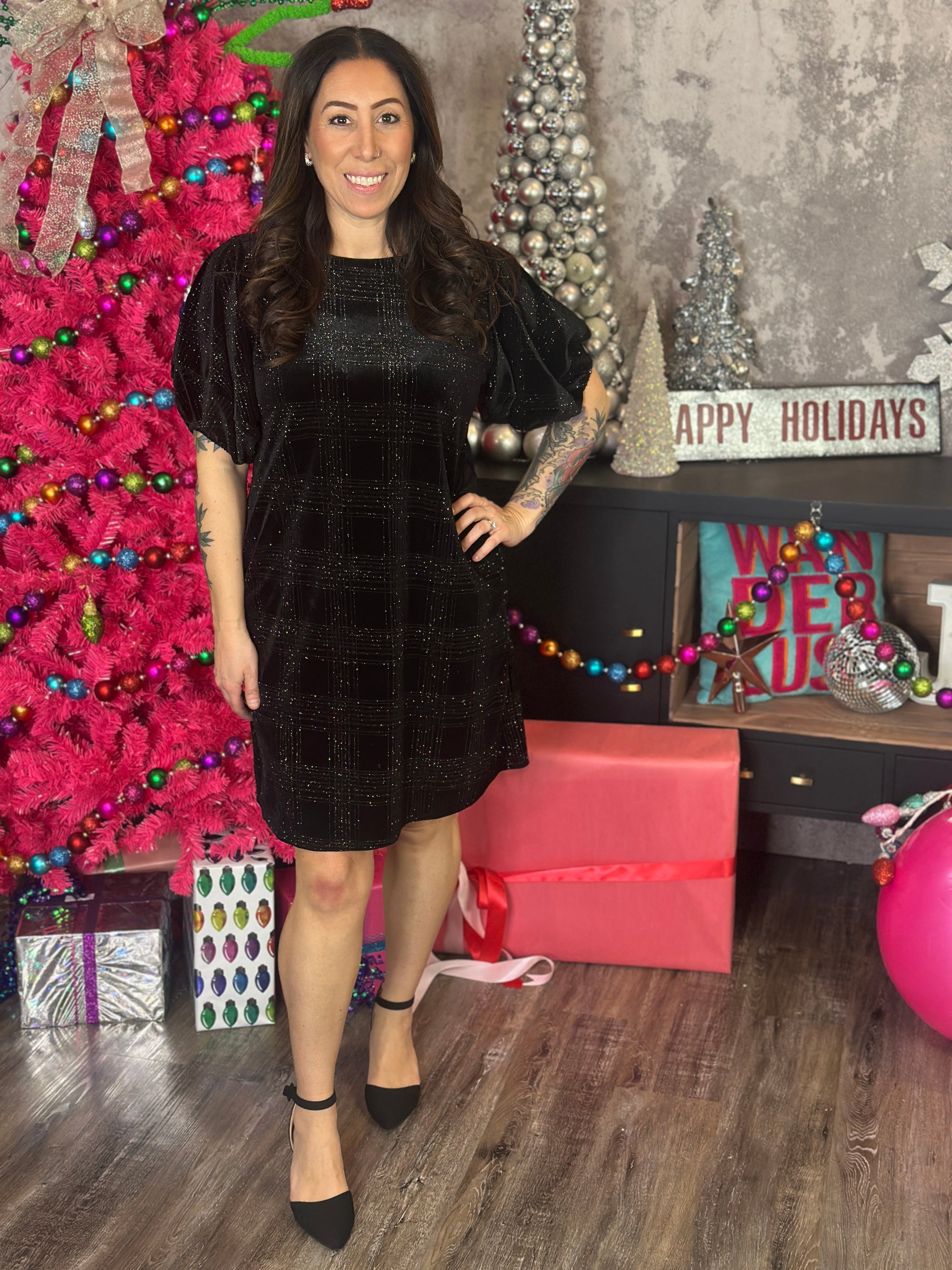 Velvet Glitter Plaid Dress  - (Small - 3X)