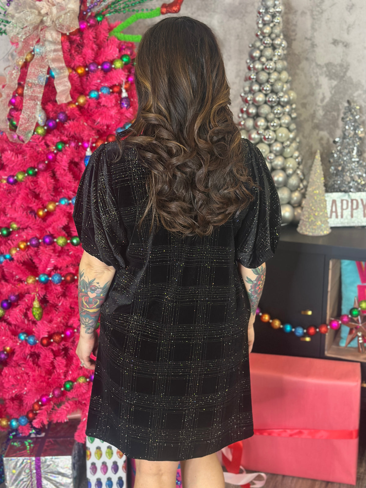 Velvet Glitter Plaid Dress  - (Small - 3X)