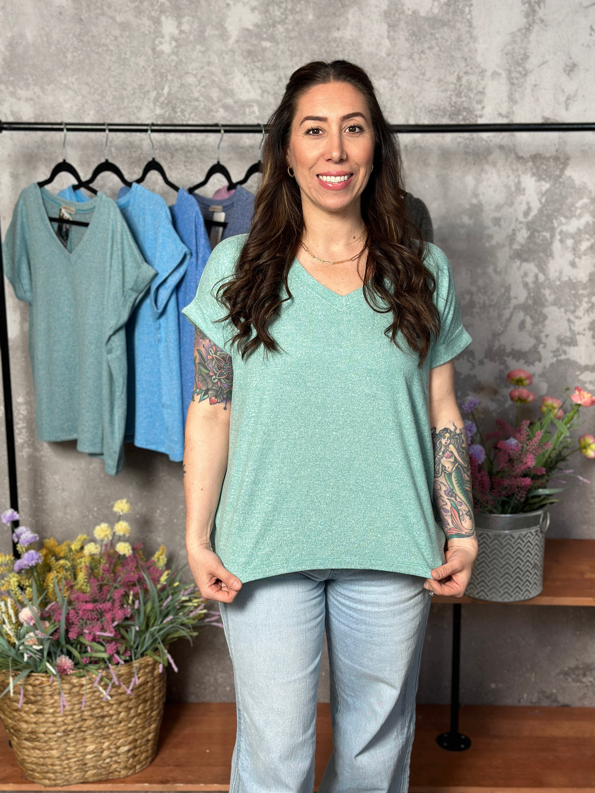 Soft Hacci V Neck Top - Kelly Green