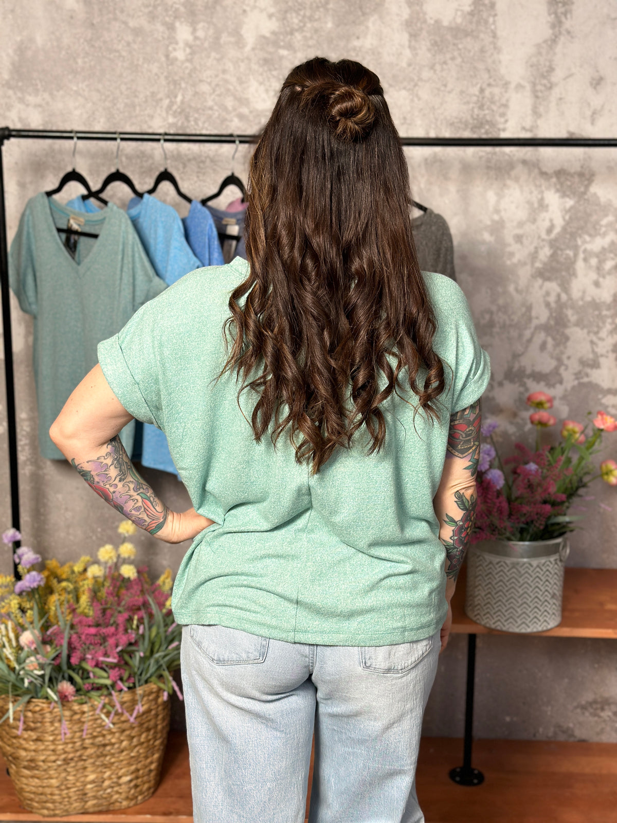 Soft Hacci V Neck Top - Kelly Green