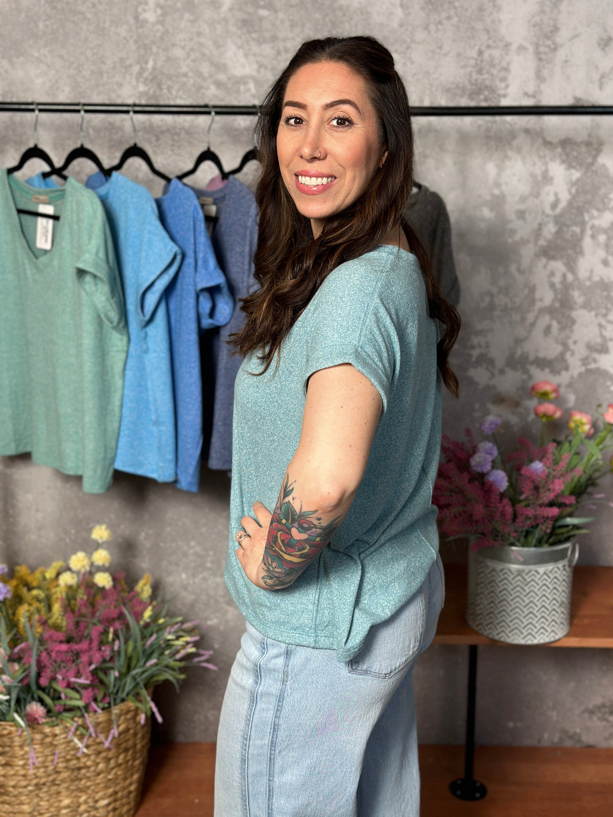 Soft Hacci V Neck Top - Dusty Teal