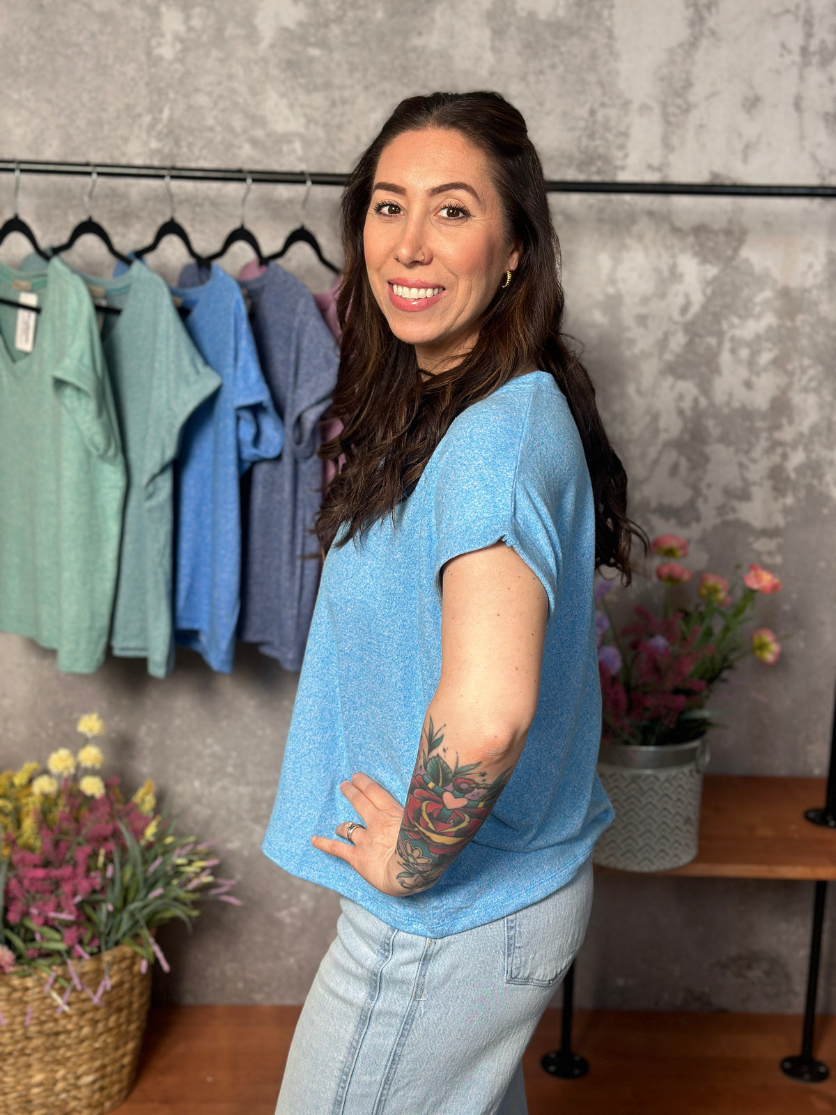 Soft Hacci V Neck Top - Deep Sky