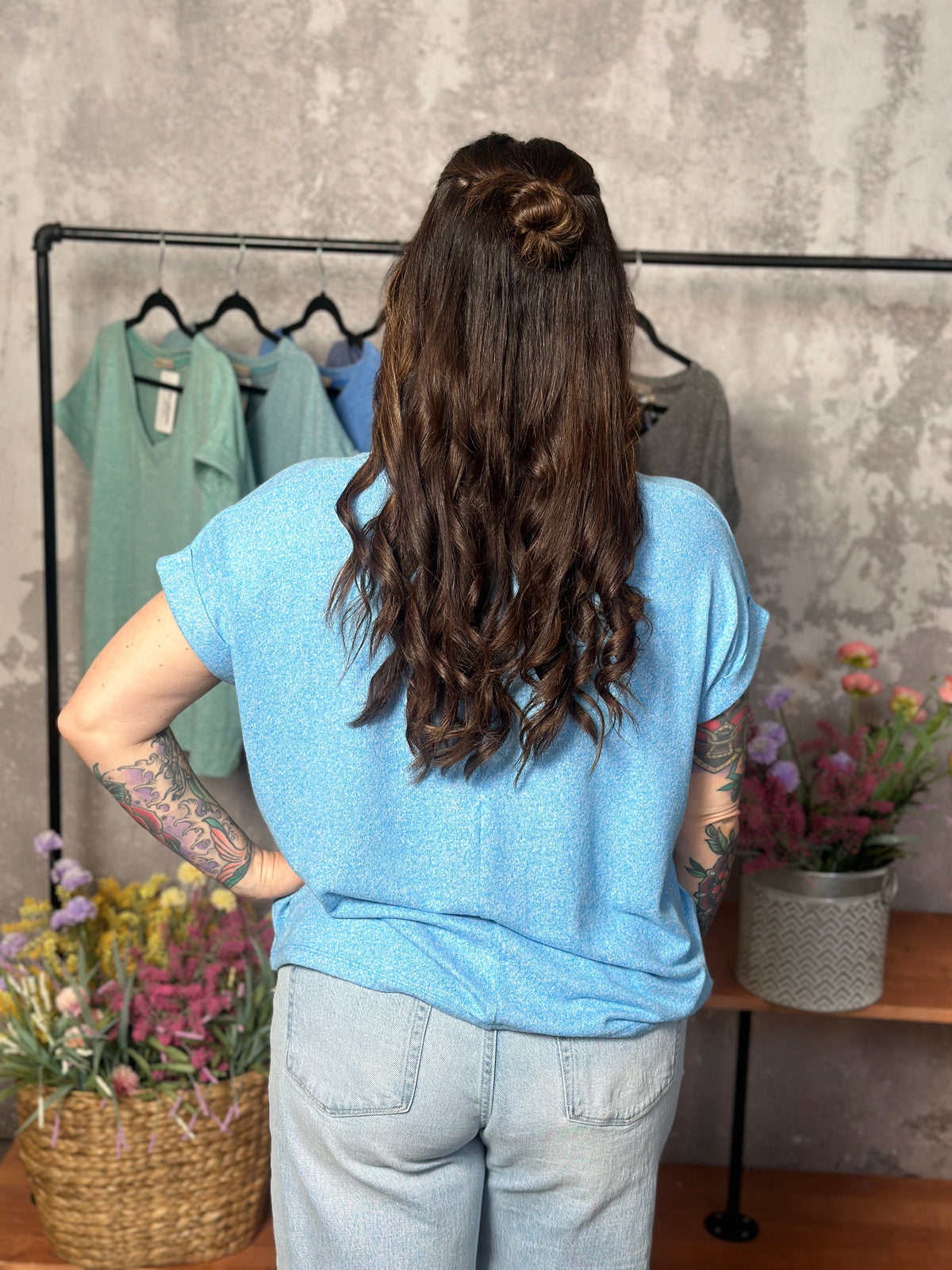 Soft Hacci V Neck Top - Deep Sky