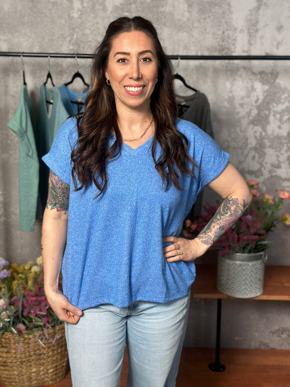 Soft Hacci V Neck Top - Ocean Blue