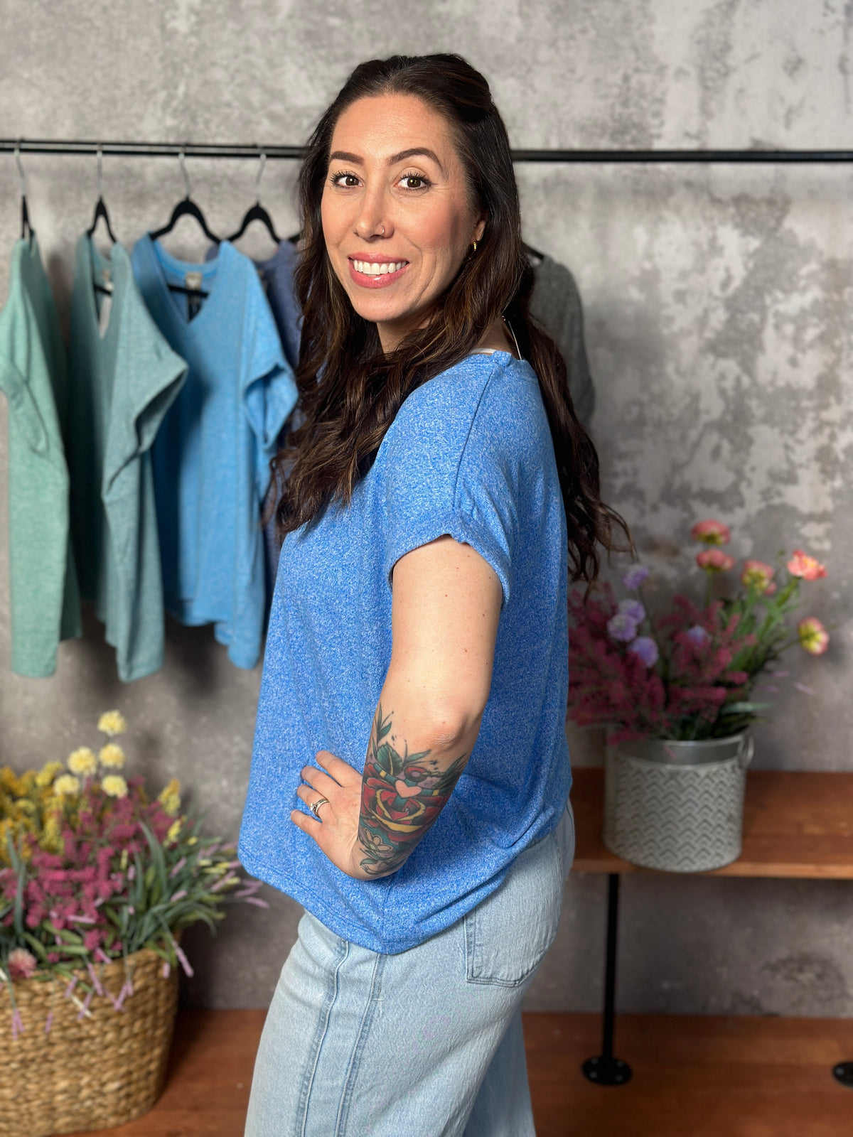 Soft Hacci V Neck Top - Ocean Blue