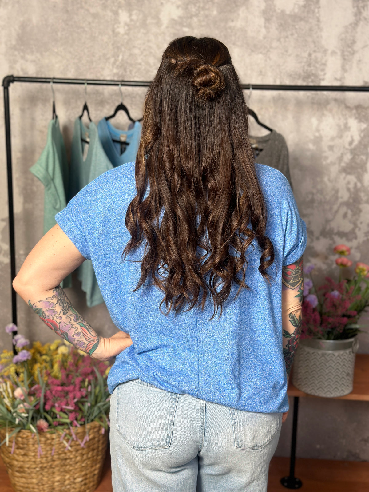 Soft Hacci V Neck Top - Ocean Blue