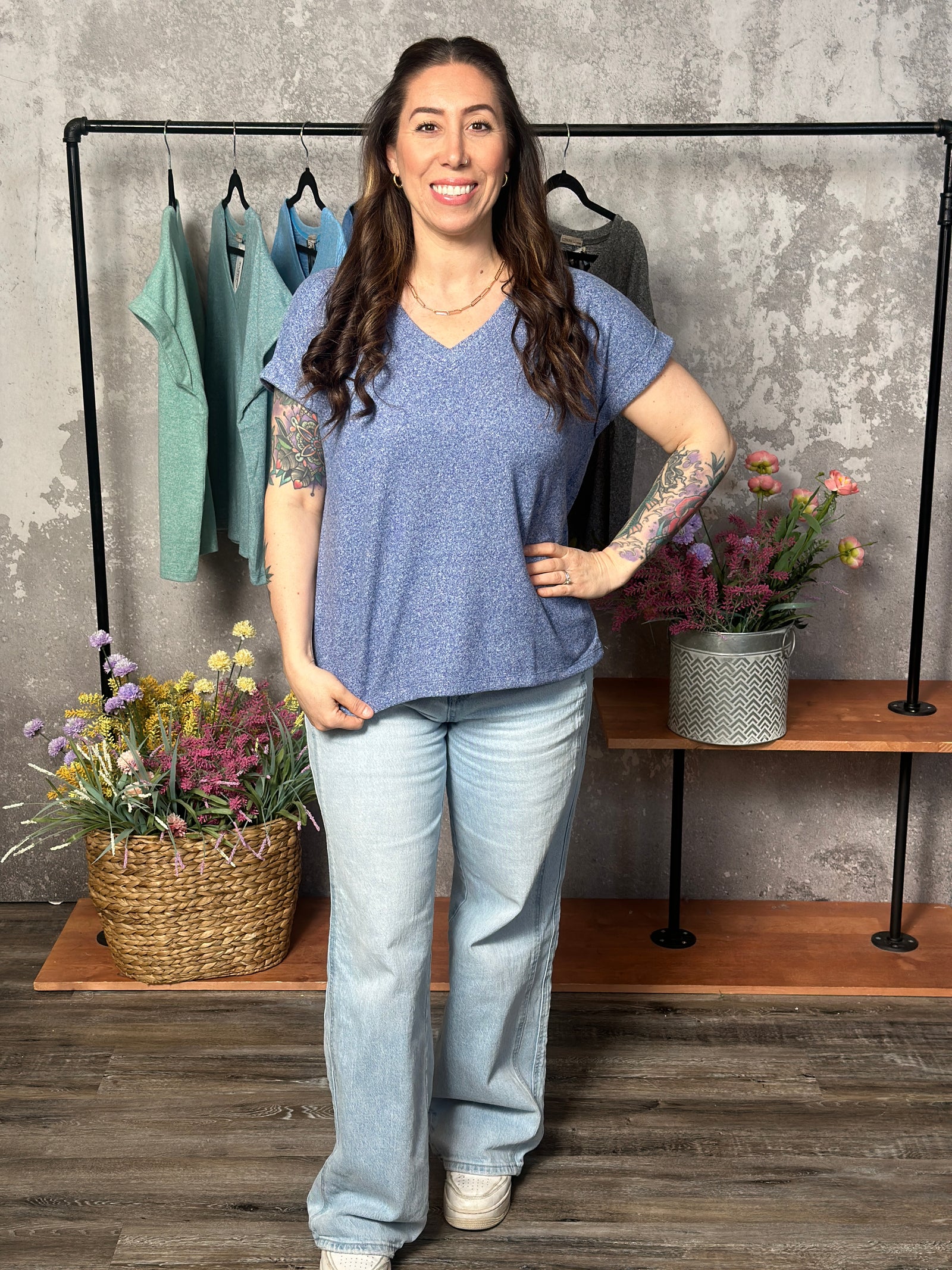 Soft Hacci V Neck Top - Navy