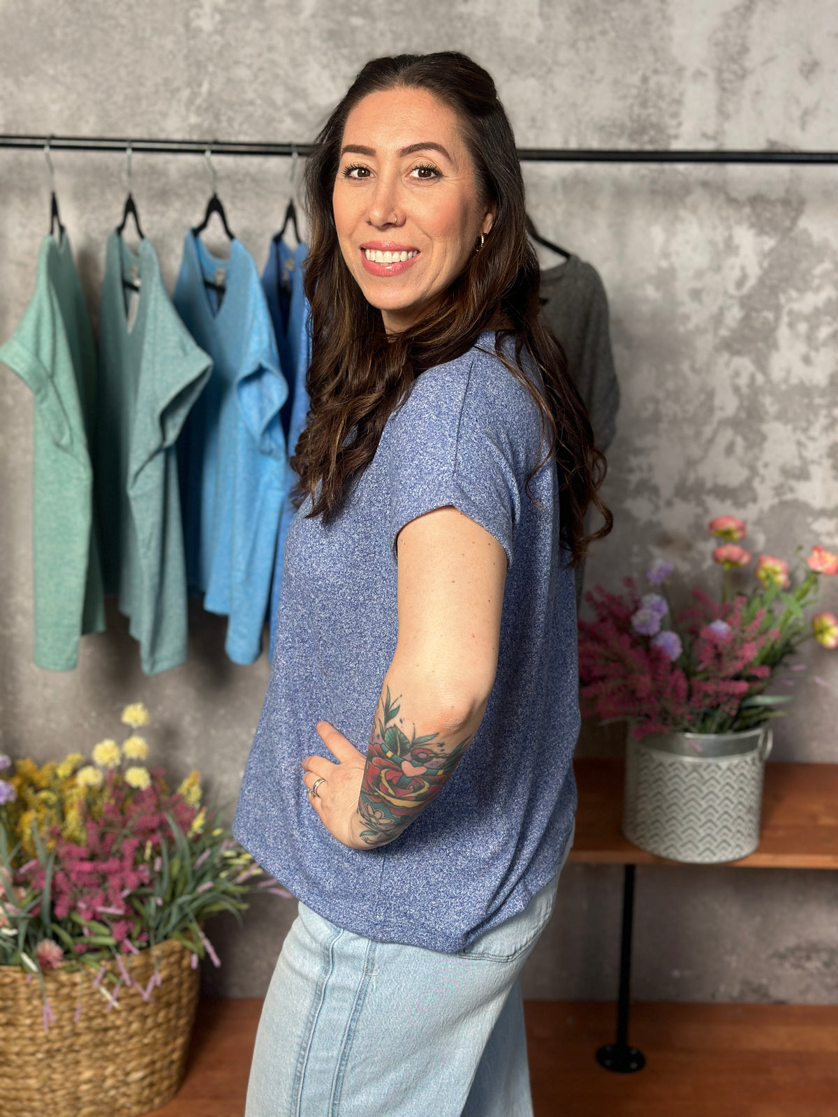 Soft Hacci V Neck Top - Navy