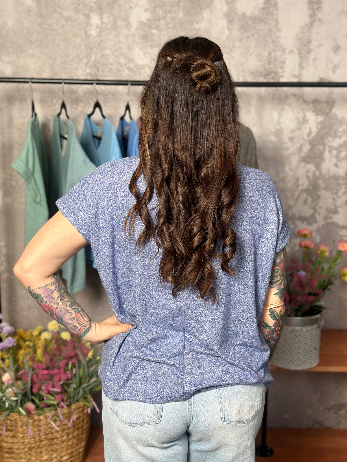 Soft Hacci V Neck Top - Navy