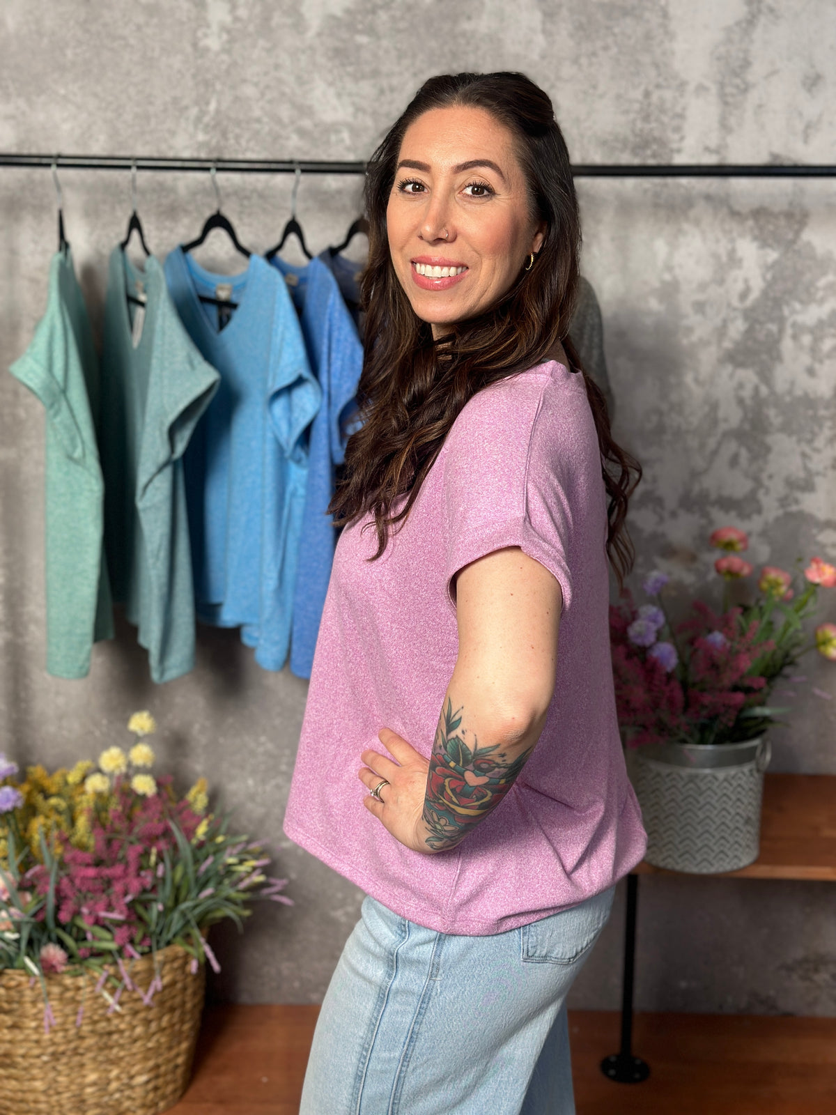 Soft Hacci V Neck Top - Mauve