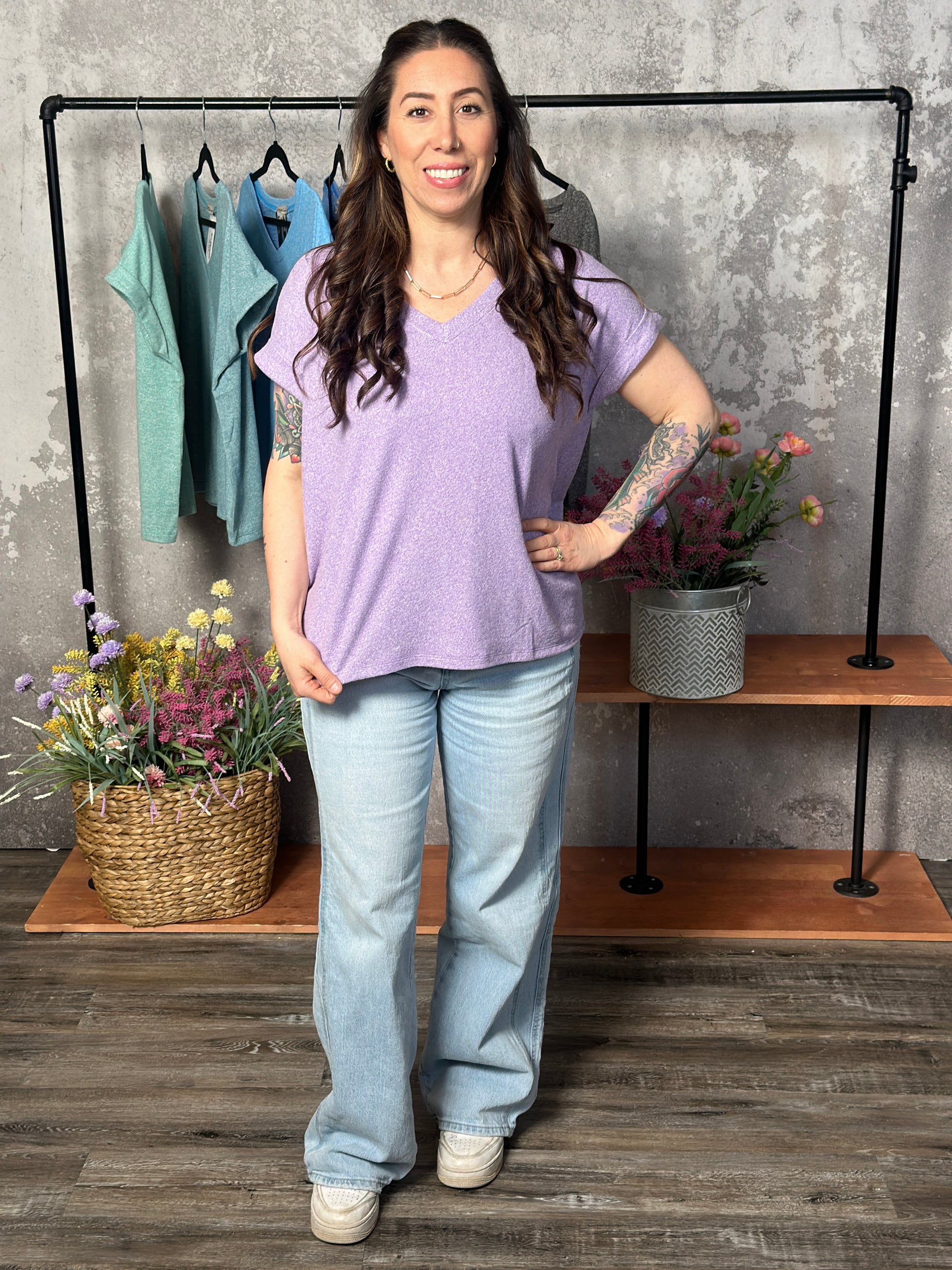 Soft Hacci V Neck Top - Lavender