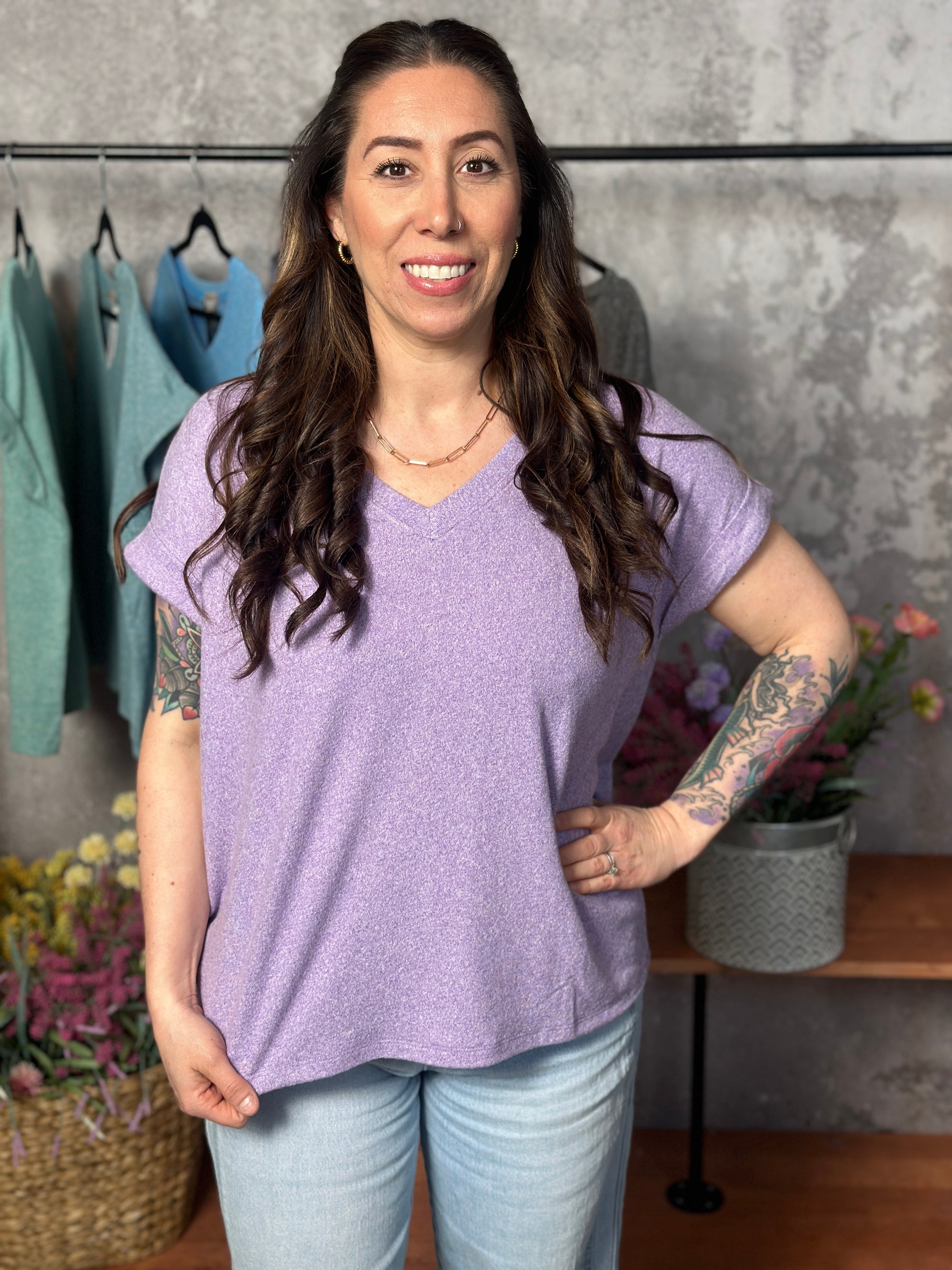 Soft Hacci V Neck Top - Lavender