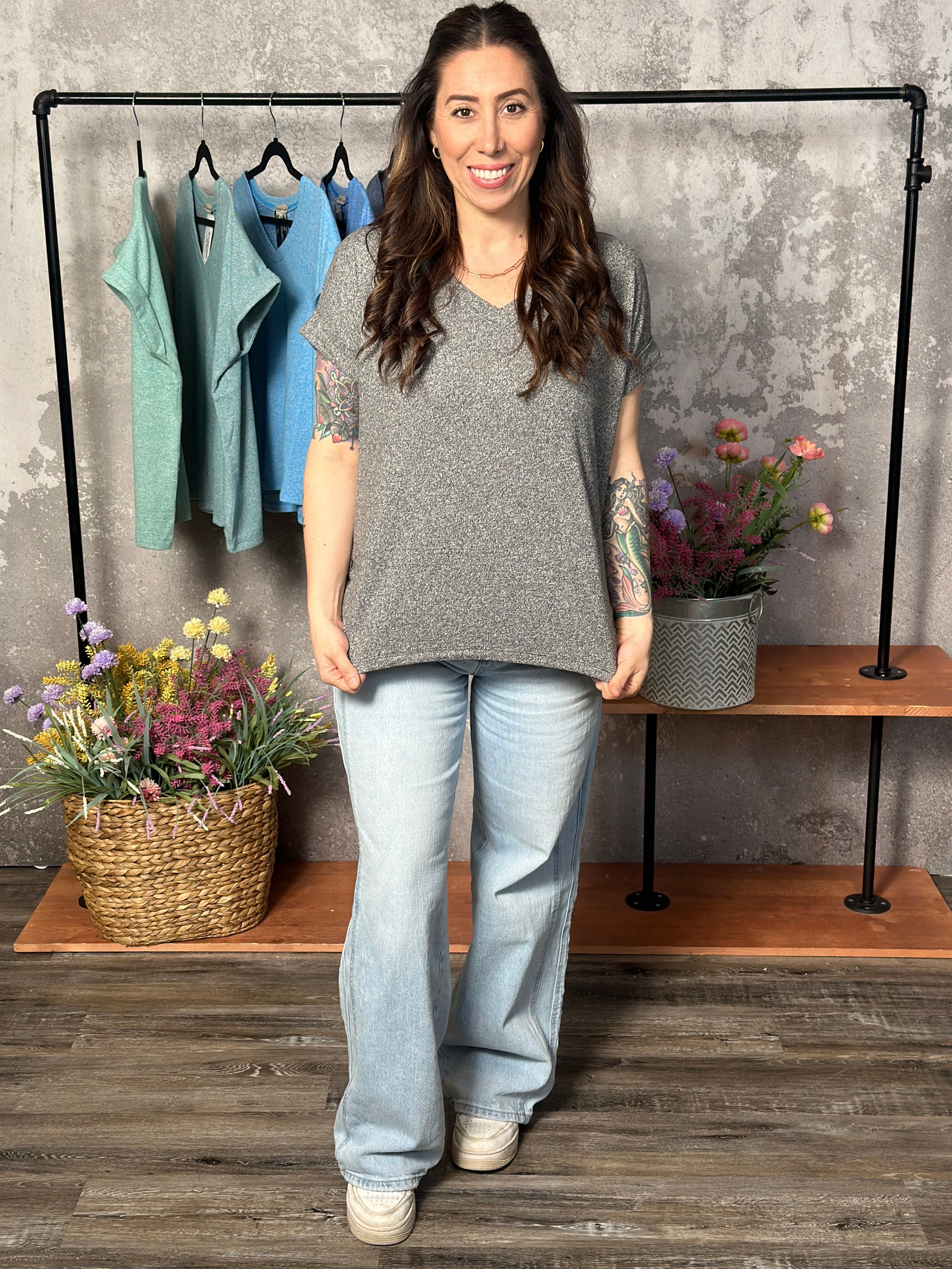 Soft Hacci V Neck Top - Black