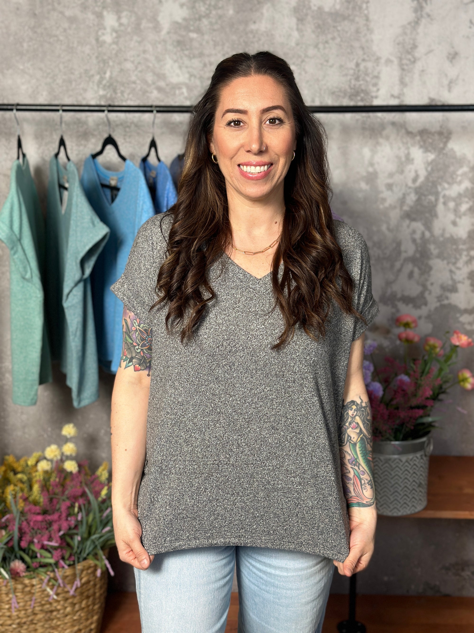 Soft Hacci V Neck Top - Black