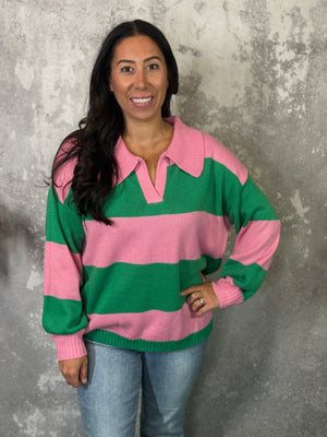 Green/Pink Stripe Collared Sweater (Small - 3X)