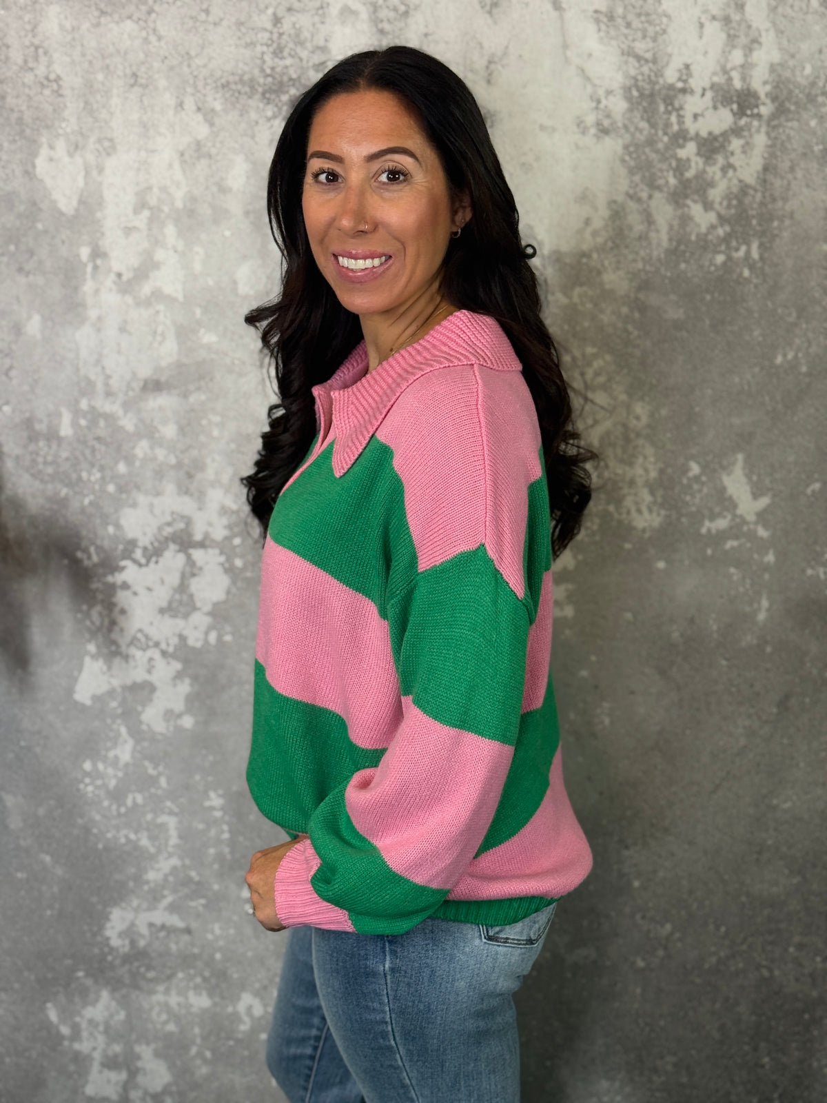 Green/Pink Stripe Collared Sweater (Small - 3X)