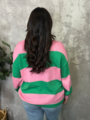 Green/Pink Stripe Collared Sweater (Small - 3X)