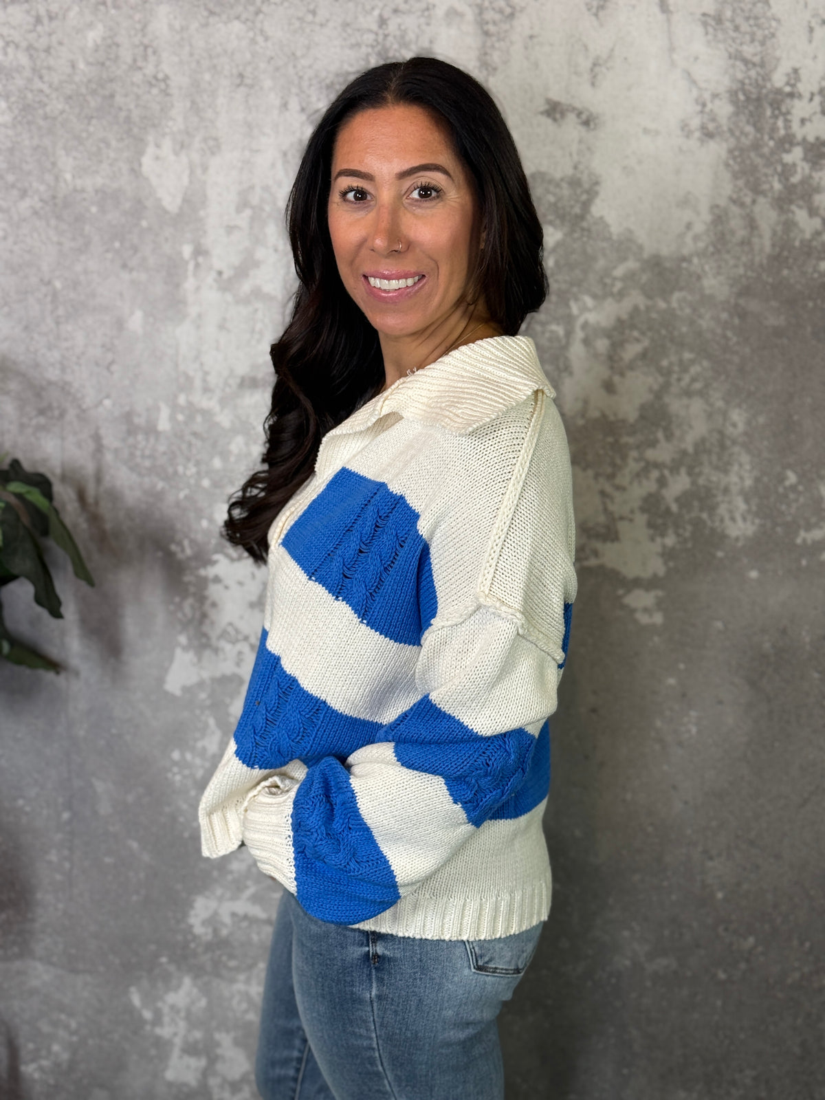 Stipe Collared Ivory/Blue Sweater  (Small - 3X)