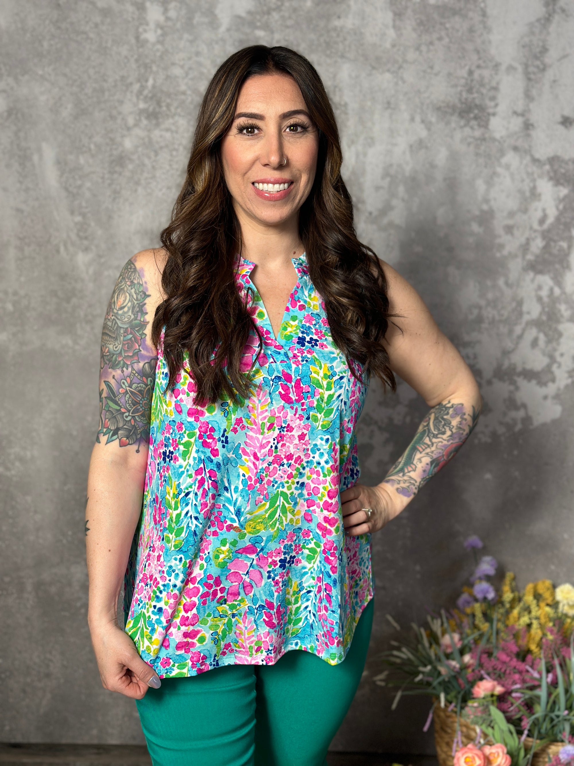 Lizzie Wrinkle Free Print Tank - Green Flirty Floral (Small - 3X)
