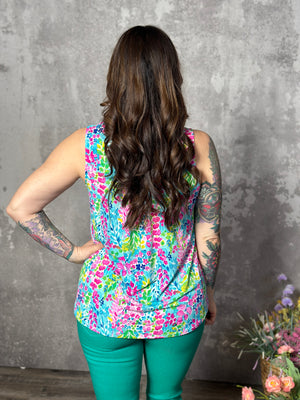 Lizzie Wrinkle Free Print Tank - Green Flirty Floral (Small - 3X)