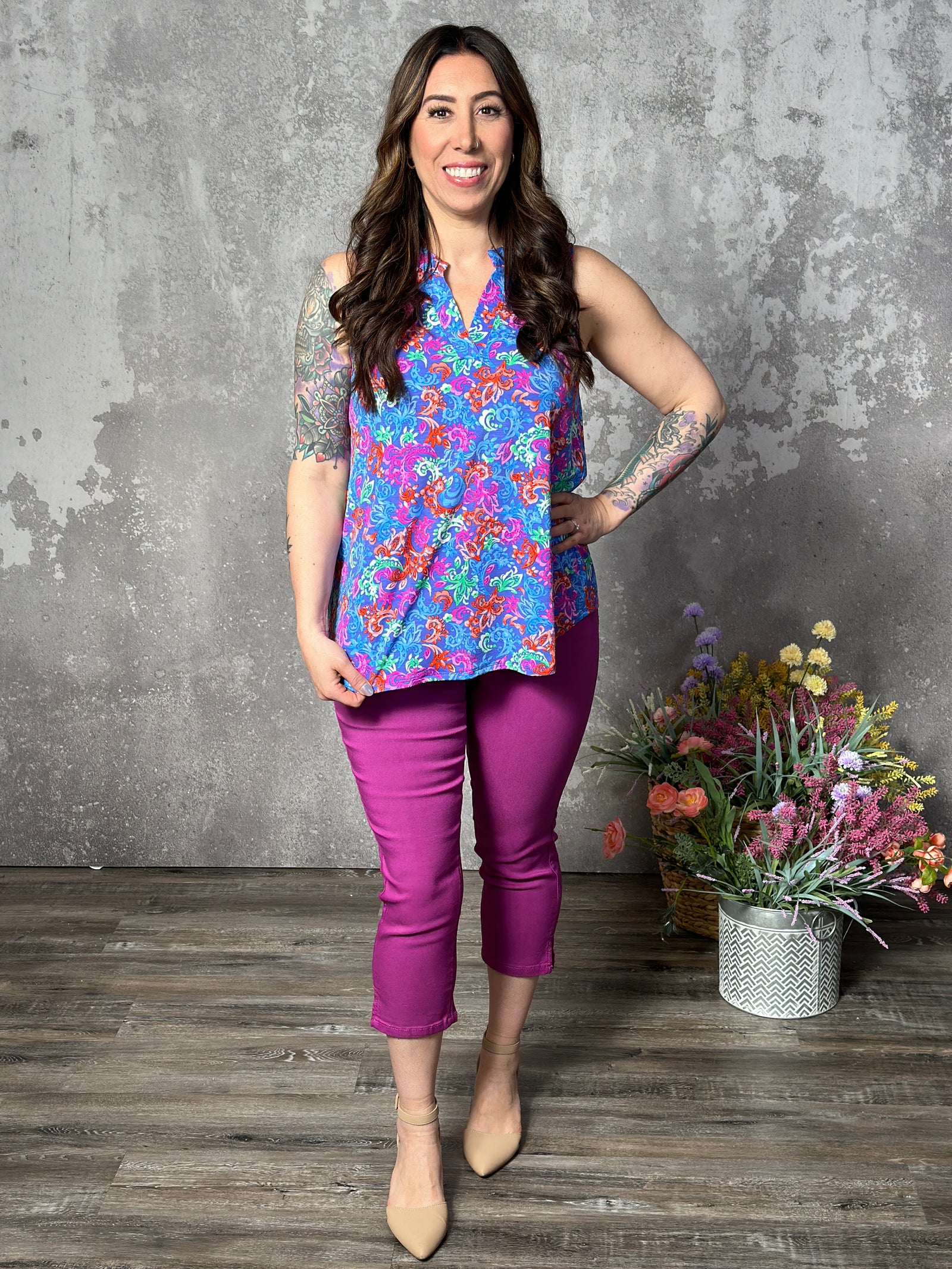 Lizzie Wrinkle Free Print Tank - Violet Blue Paisley (Small - 3X) - FINAL SALE