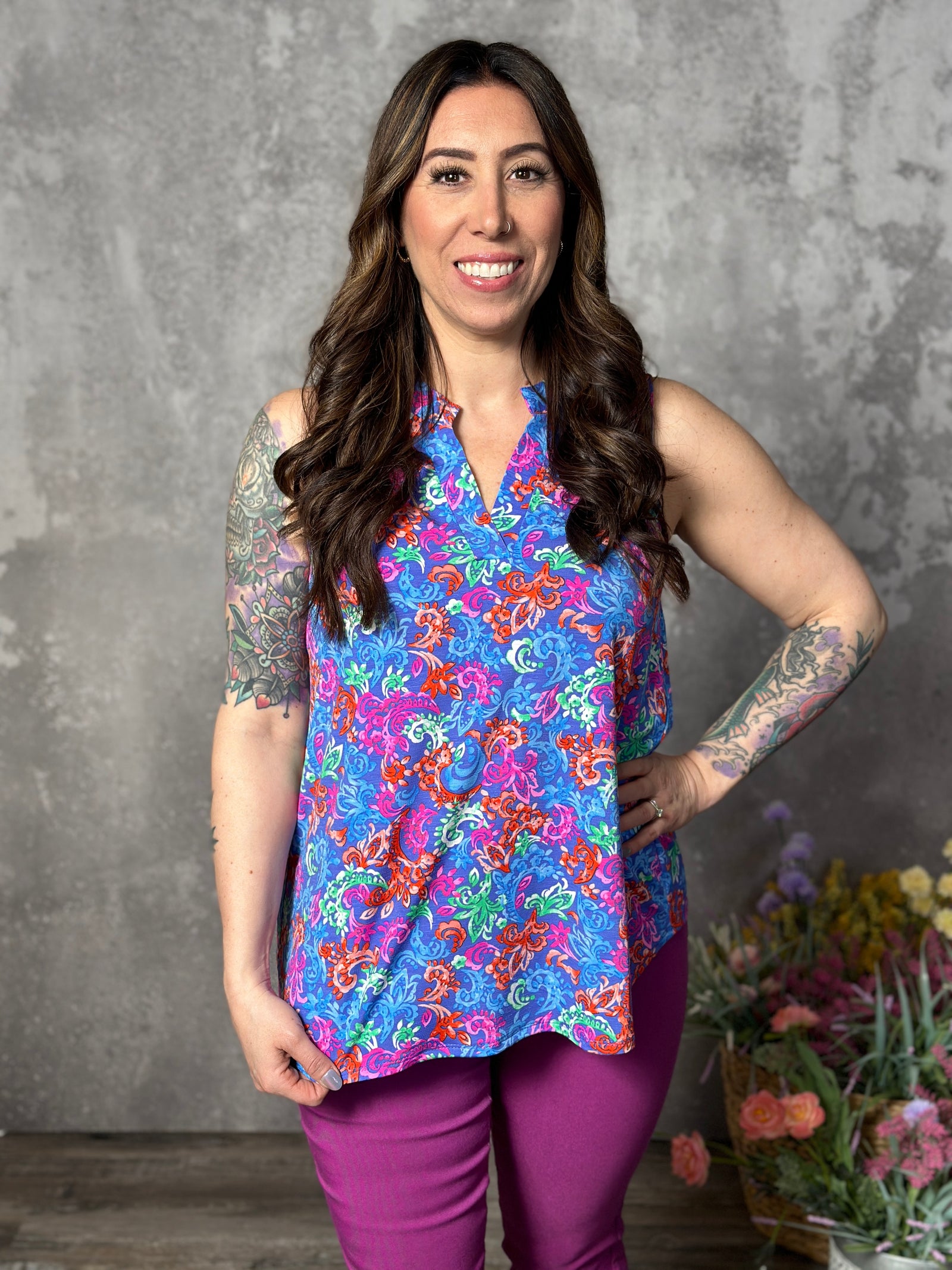 Lizzie Wrinkle Free Print Tank - Violet Blue Paisley (Small - 3X) - FINAL SALE