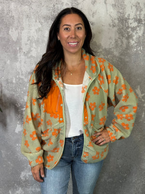 Retro Orange Flower Power Fleece Jacket