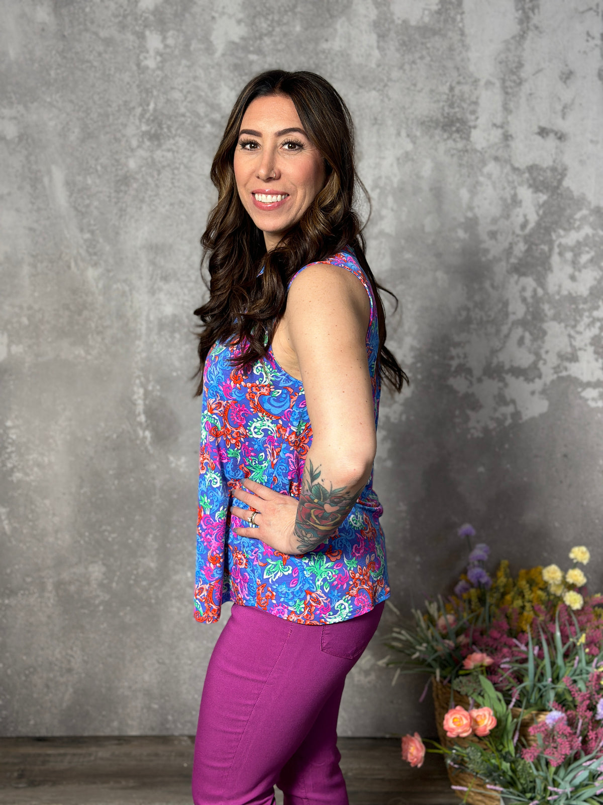 Lizzie Wrinkle Free Print Tank - Violet Blue Paisley (Small - 3X) - FINAL SALE