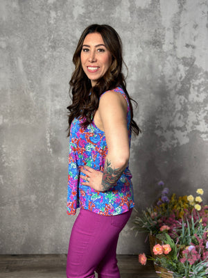 Lizzie Wrinkle Free Print Tank - Violet Blue Paisley (Small - 3X)