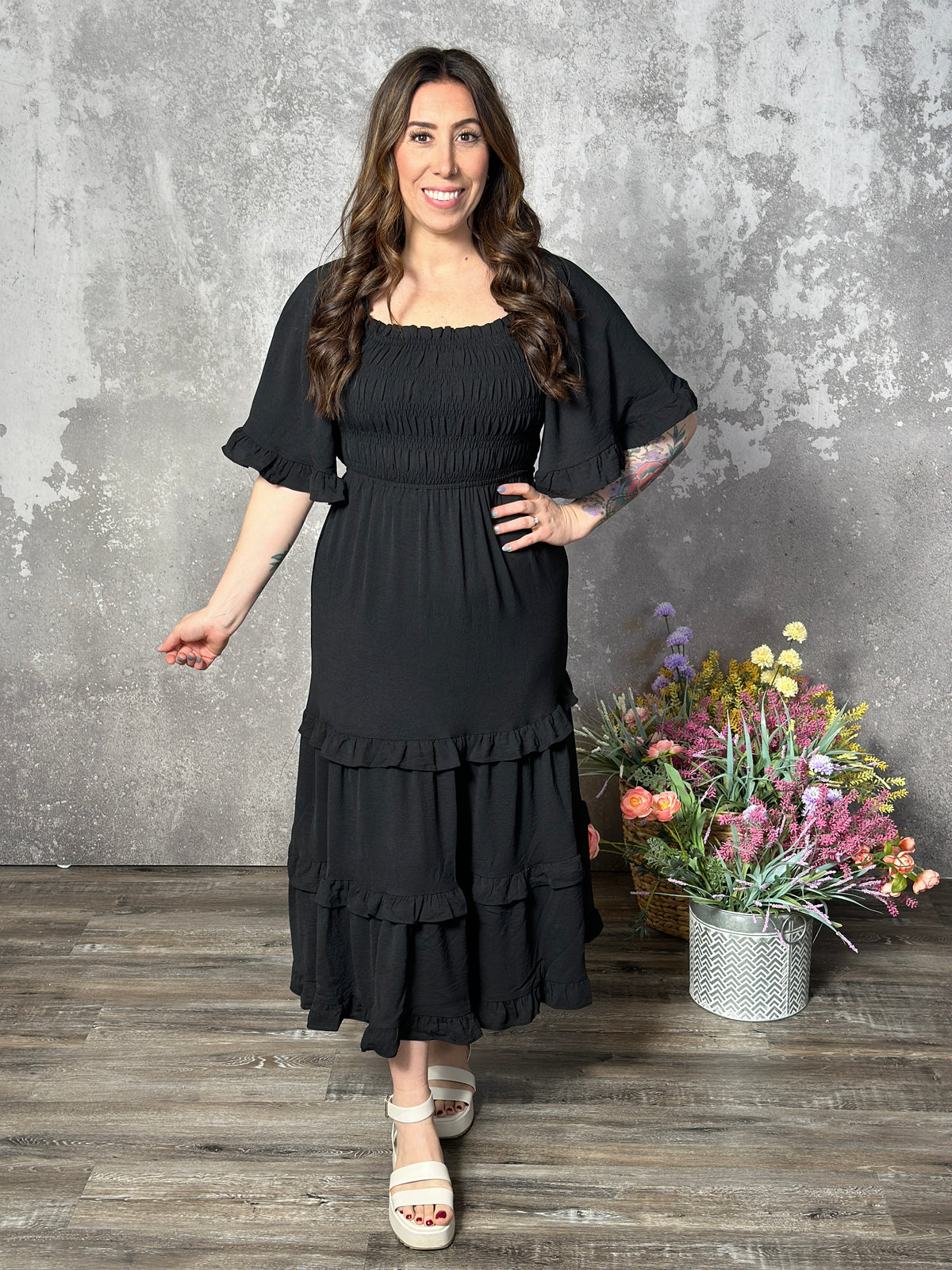 Ruched Ruffle Tier Dress with Flutter Sleeves (Small - 2X)