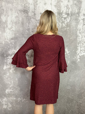 Subtle Cranberry Sparkle Ruffle Bell Sleeve Dress (Small - 3X)