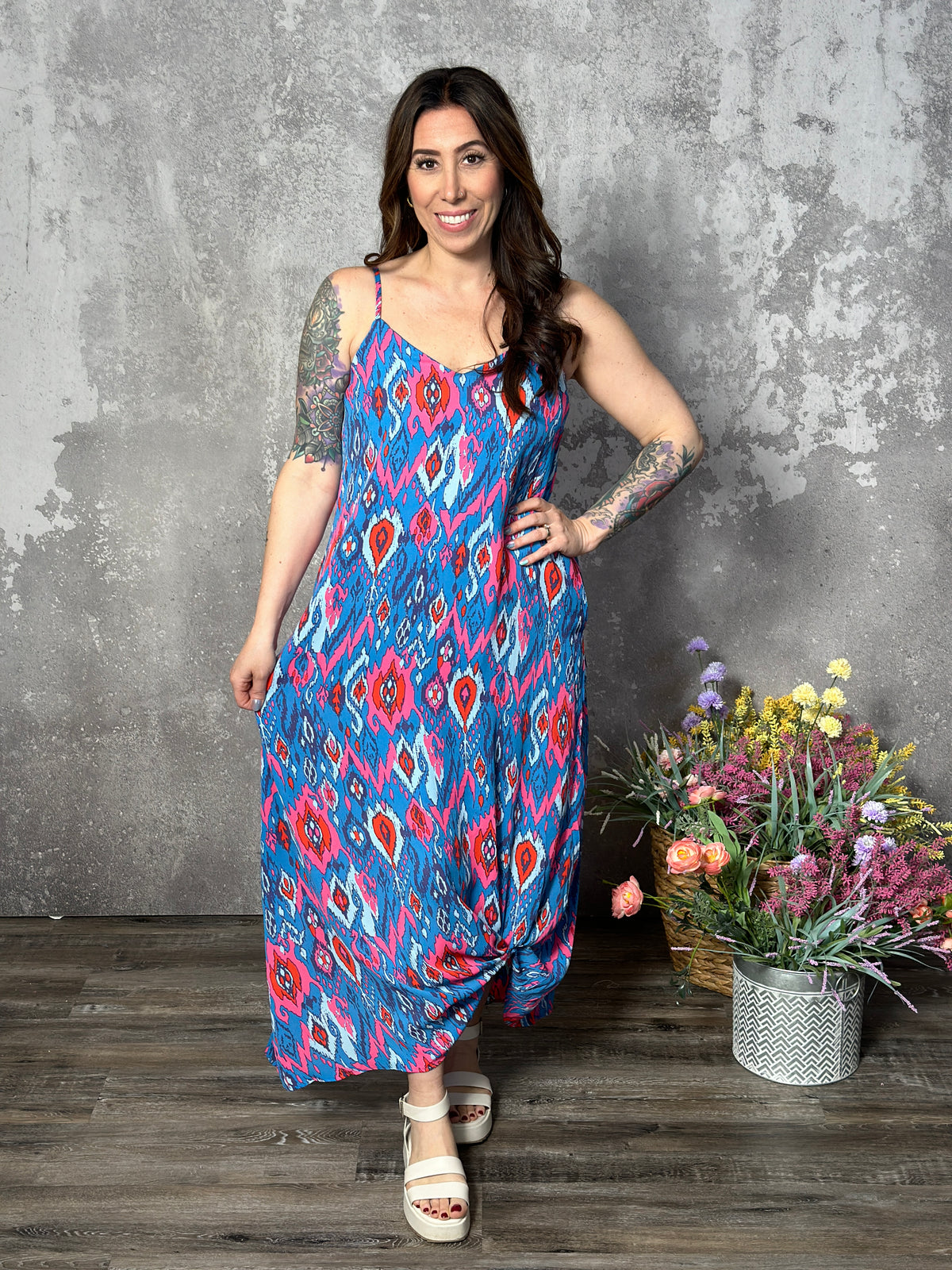 Blue/Red/pink Pattern Maxi Dress (Small - 2X)