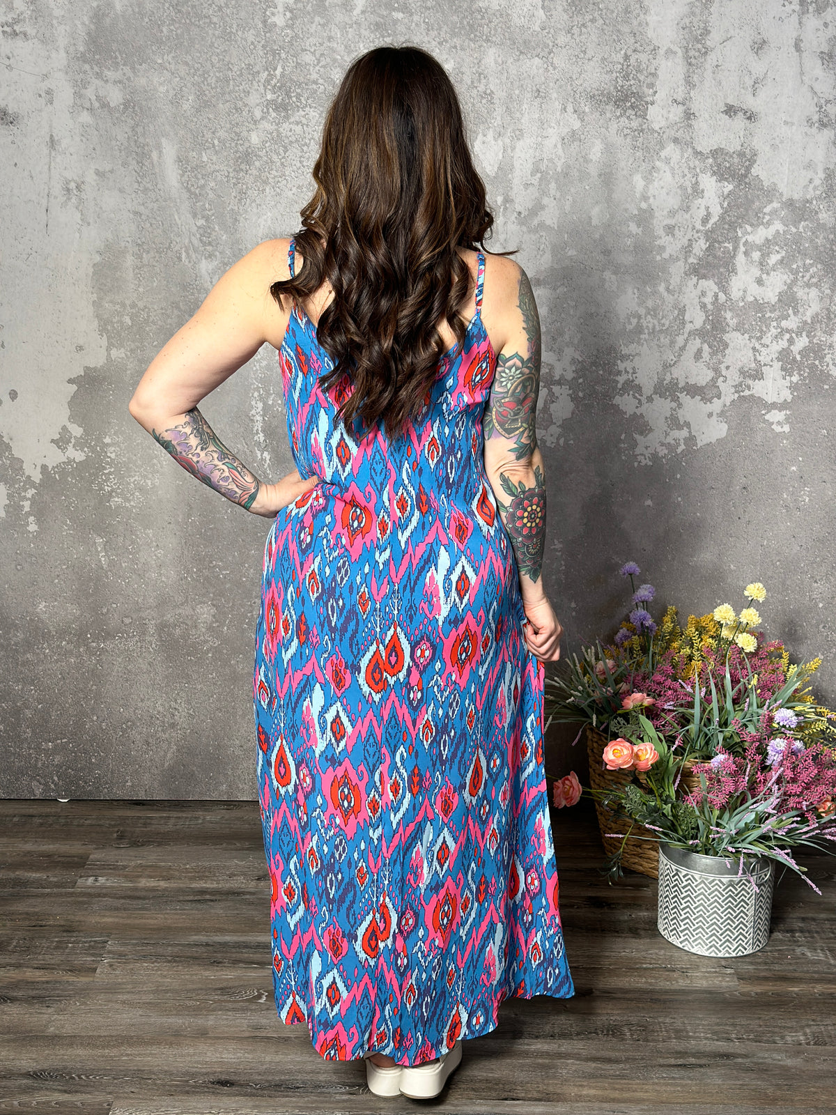 Blue/Red/pink Pattern Maxi Dress (Small - 2X)