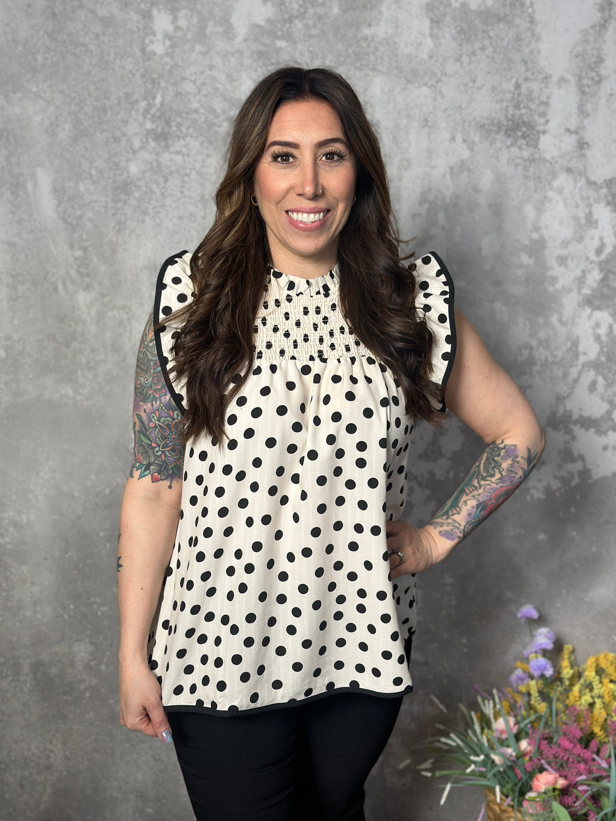 Polka Dot Smocked Ruffle Sleeve Top