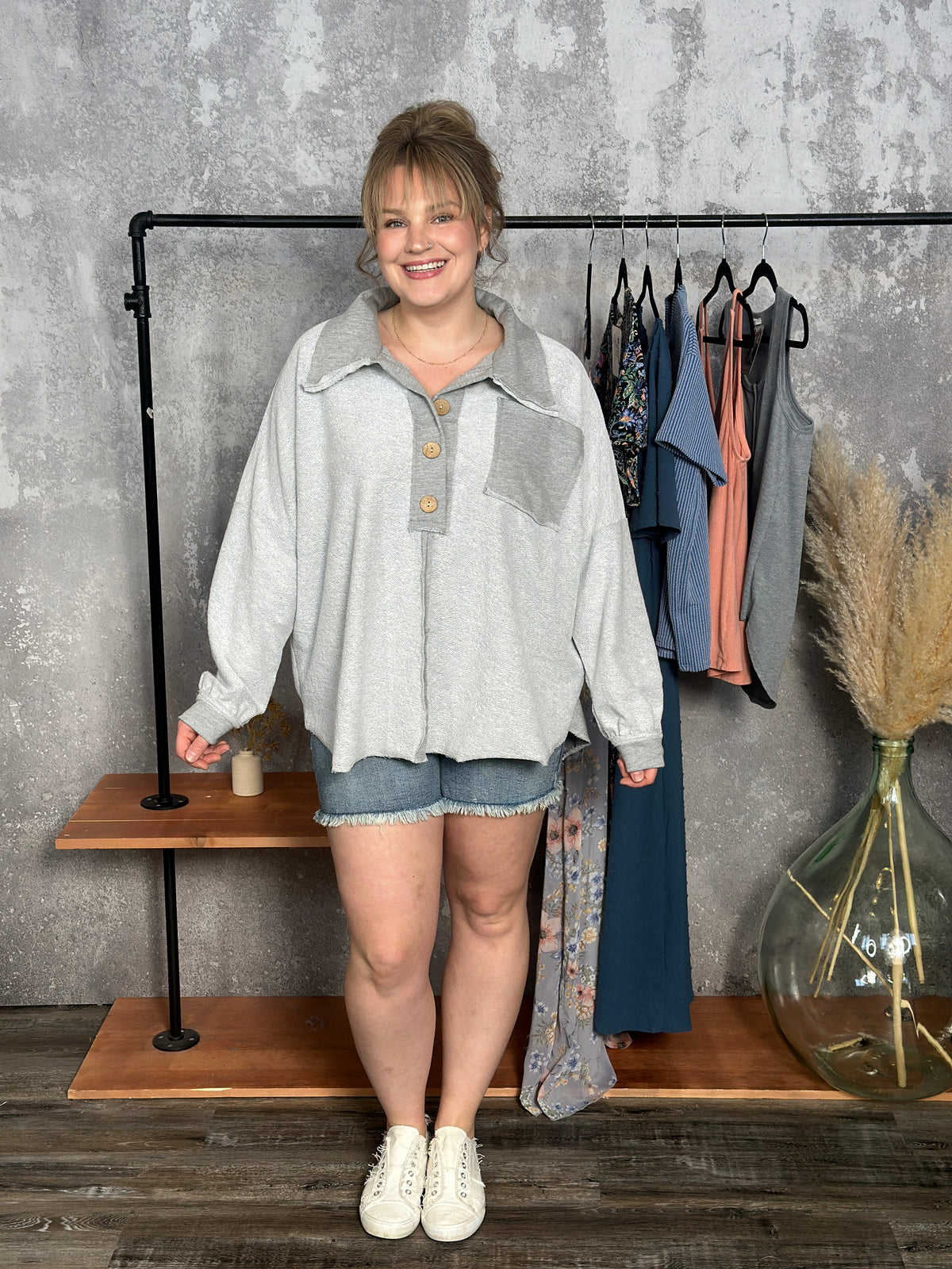 Reverse Terry Textured Collared Sweatshirt