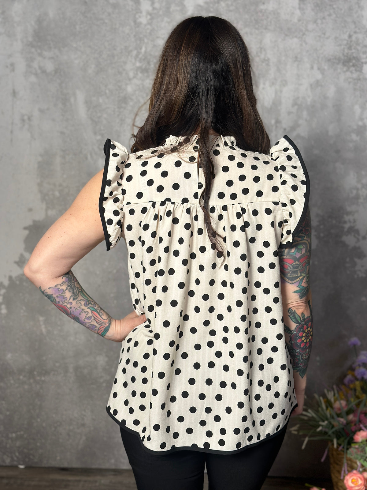 Polka Dot Smocked Ruffle Sleeve Top