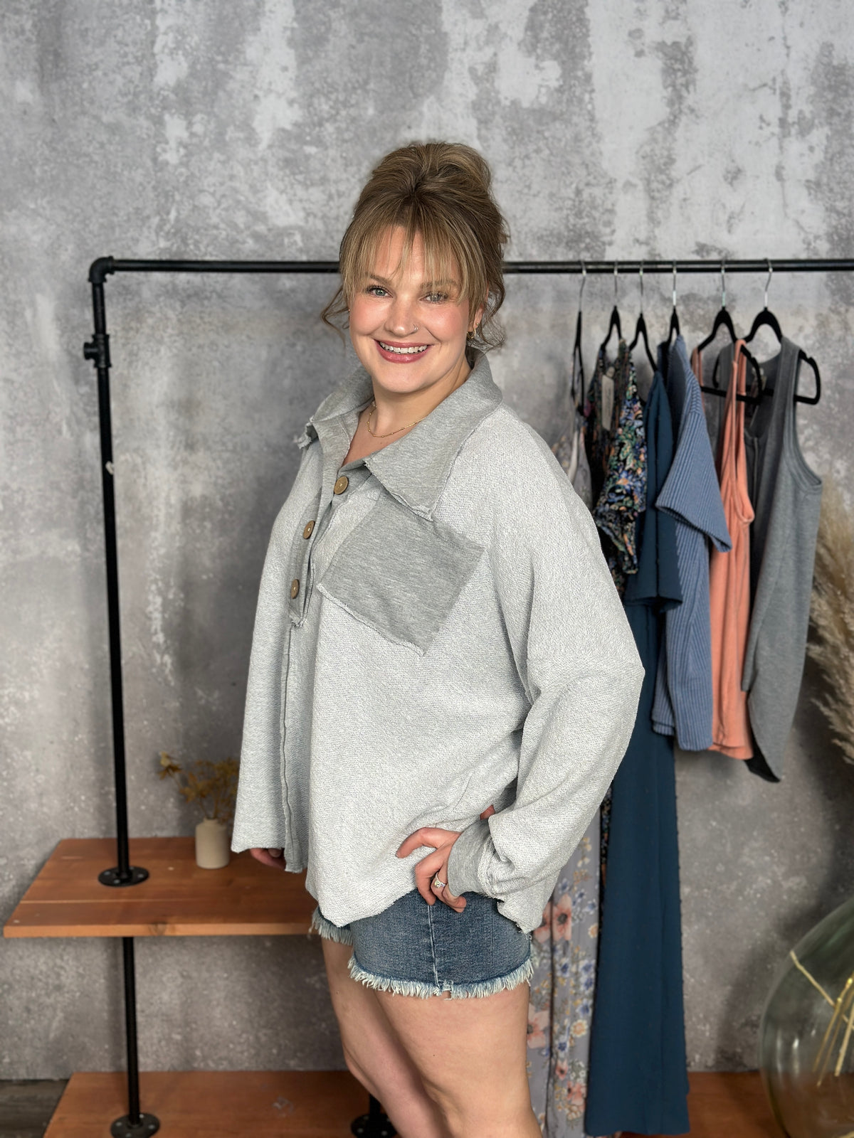 Reverse Terry Textured Collared Sweatshirt