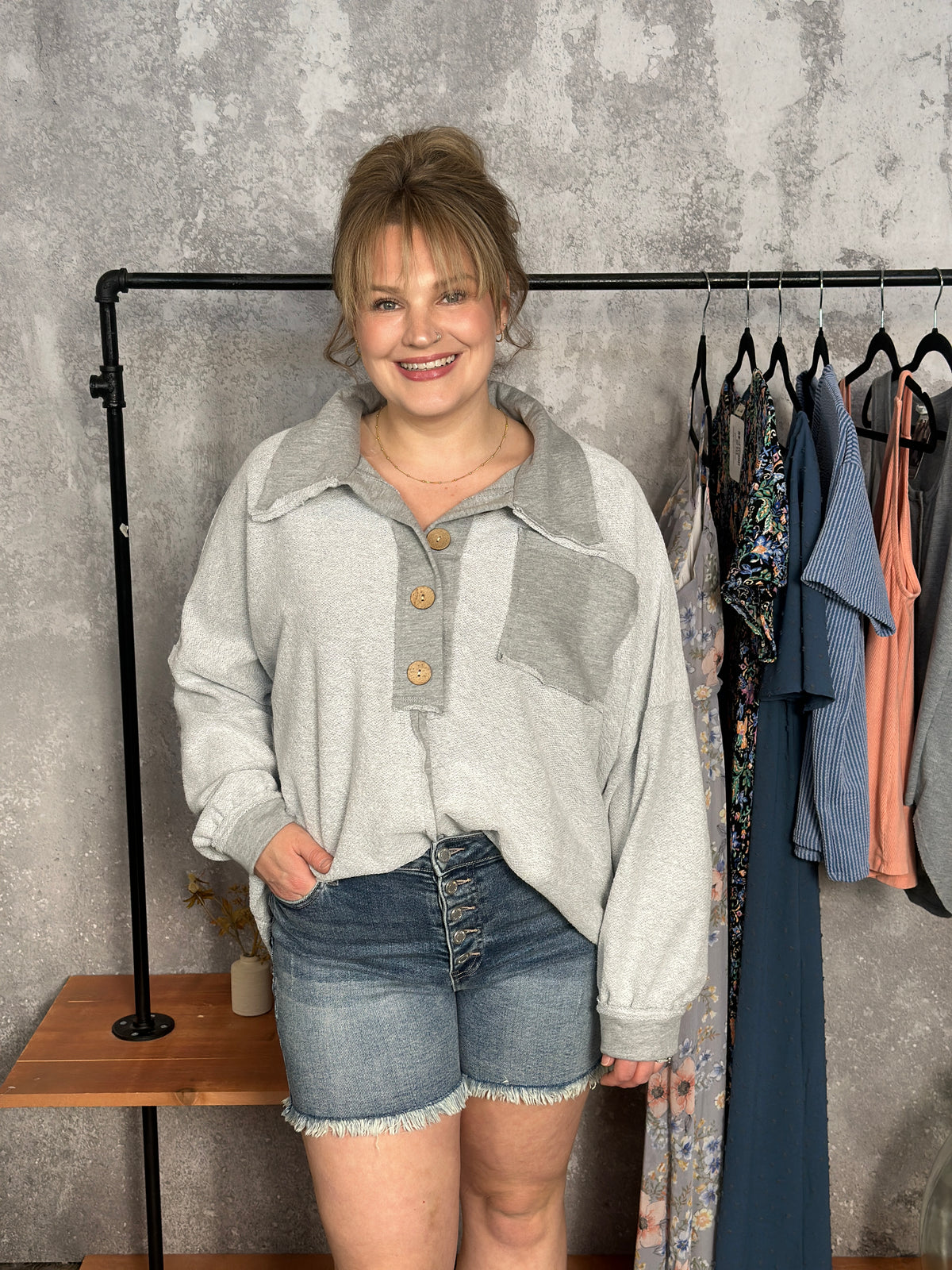 Reverse Terry Textured Collared Sweatshirt