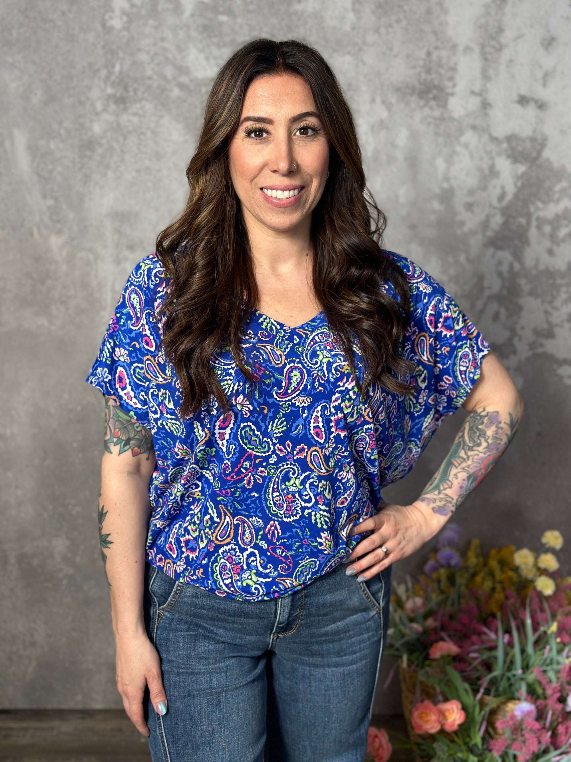The Wrinkle Free Short Sleeve Top - Blue Paisley (Small - 3X)