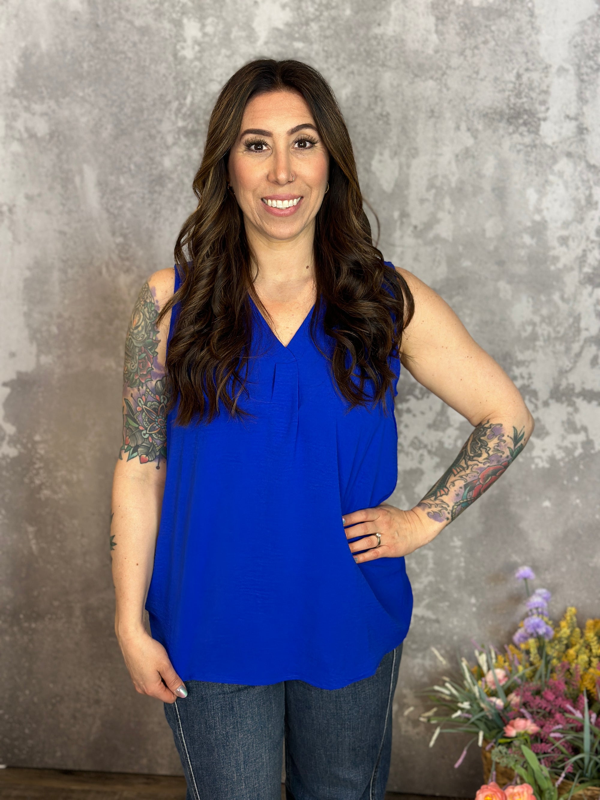 The Sara Vneck Tank - Blue (Small - 3X)