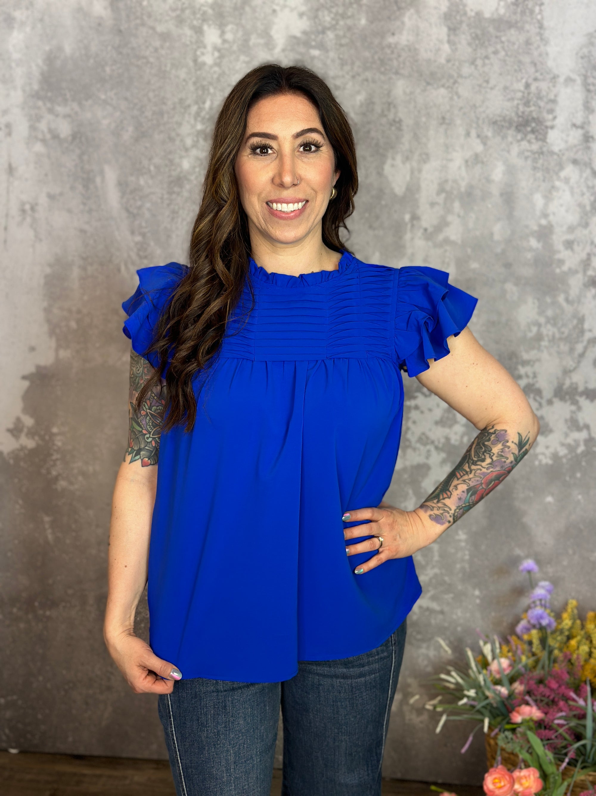 Blue Pleated Ruffle Top  (Small - 2X)