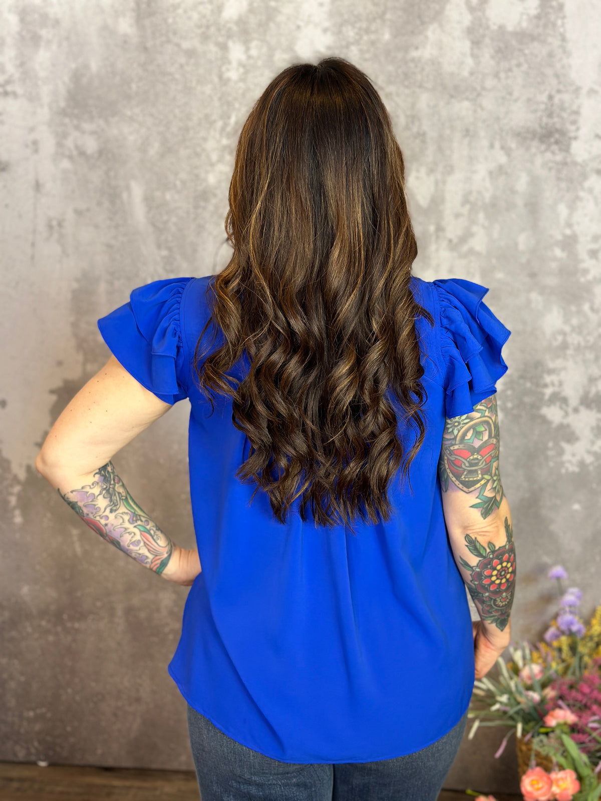 Blue Pleated Ruffle Top  (Small - 2X)