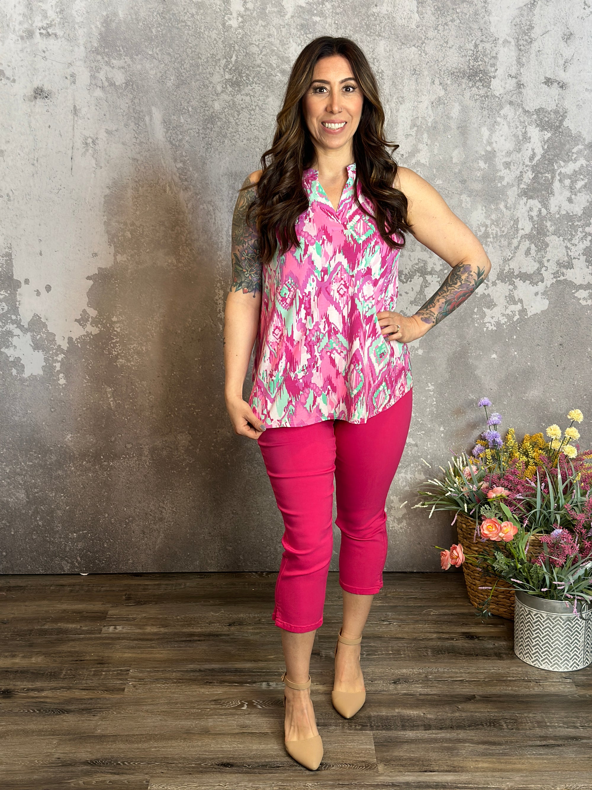Lizzie Wrinkle Free Print Tank - Abstract Pink/Mint (Small - 3X)