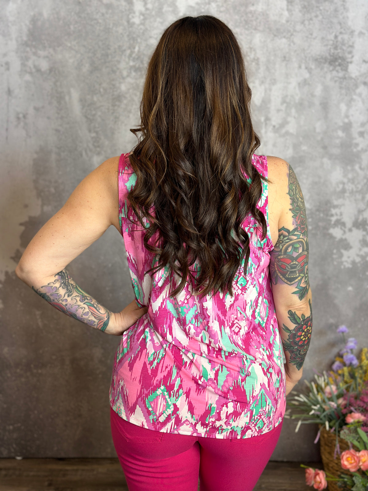 Lizzie Wrinkle Free Print Tank - Abstract Pink/Mint (Small - 3X) - FINAL SALE