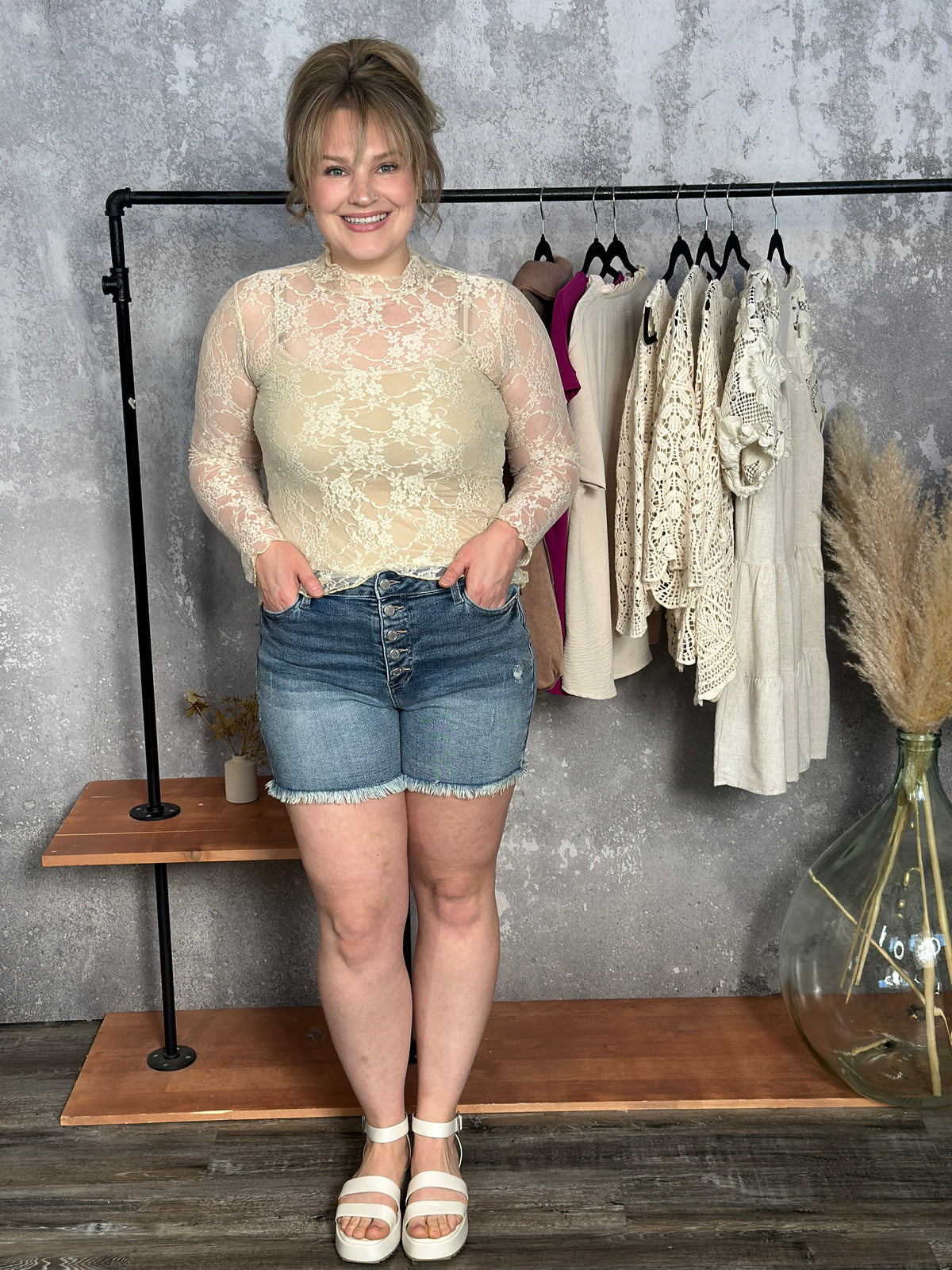 Moch Neck Sheer Lace Top - Cream (Small - 3X) - FINAL SALE