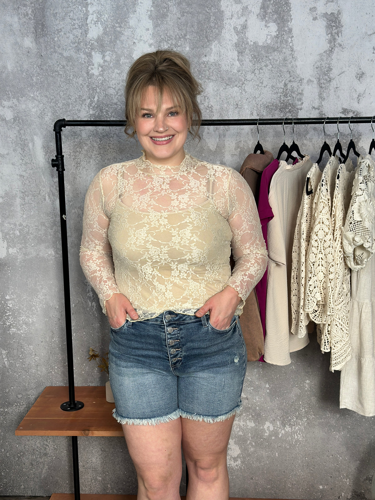 Moch Neck Sheer Lace Top - Cream (Small - 3X) - FINAL SALE