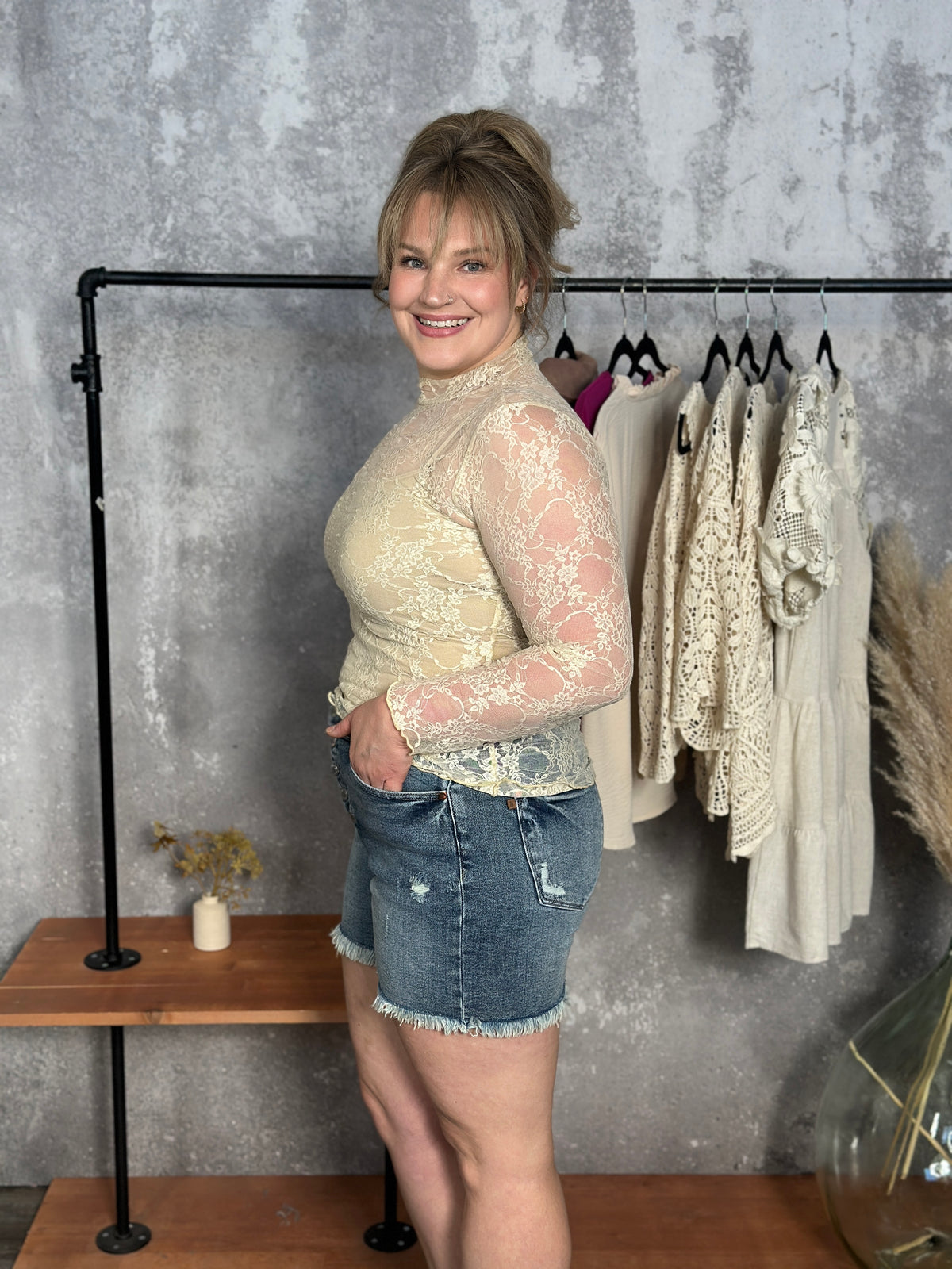 Moch Neck Sheer Lace Top - Cream (Small - 3X) - FINAL SALE