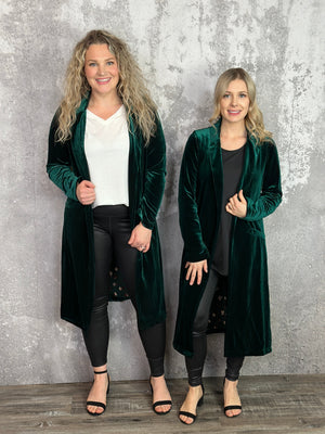 Green Velvet Duster Coat -  Evergreen (XSmall - 3X) BESTSELLER - FINAL SALE