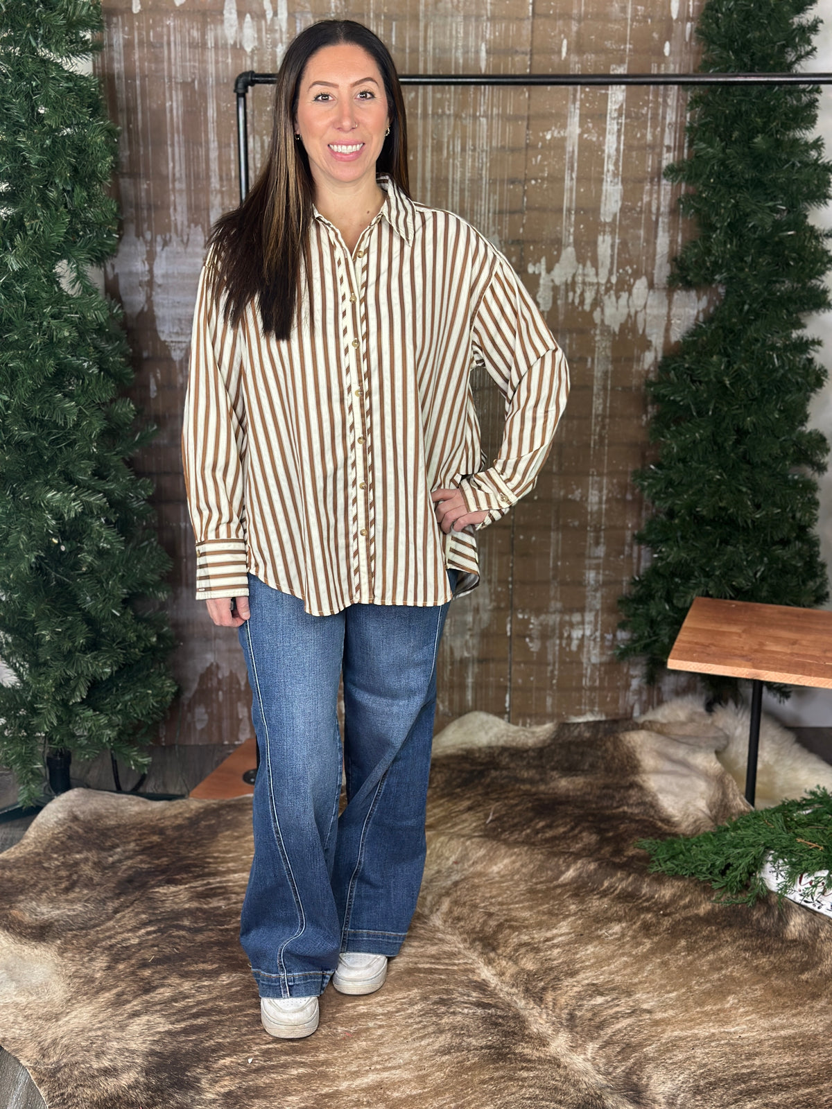 Camel Stripe Button Up Blouse with Scoop Back