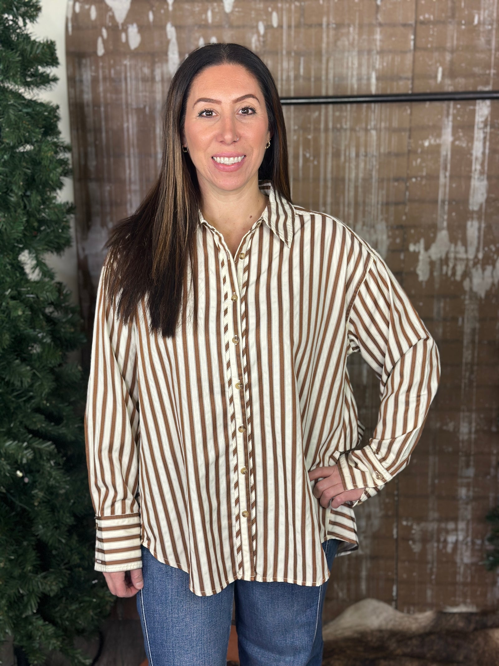 Camel Stripe Button Up Blouse with Scoop Back